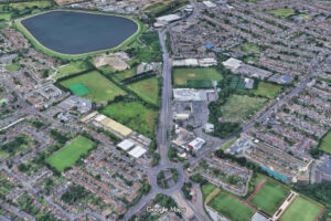 Aerial view of A406 Walthamstow Avenue and Billet Roundabout. Copyright 2026, Google Maps.