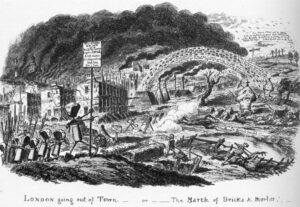 George Cruikshank's 1829 etching “London going out of Town, or The March of Bricks & Mortar”.