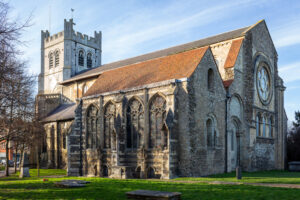 Exterior of Waltham Abbey Church viewed from the southeast. Photo by The Wub. Licensing information at https://commons.wikimedia.org/wiki/File:Waltham_Abbey_Church_from_southeast_2022-02-26.jpg
